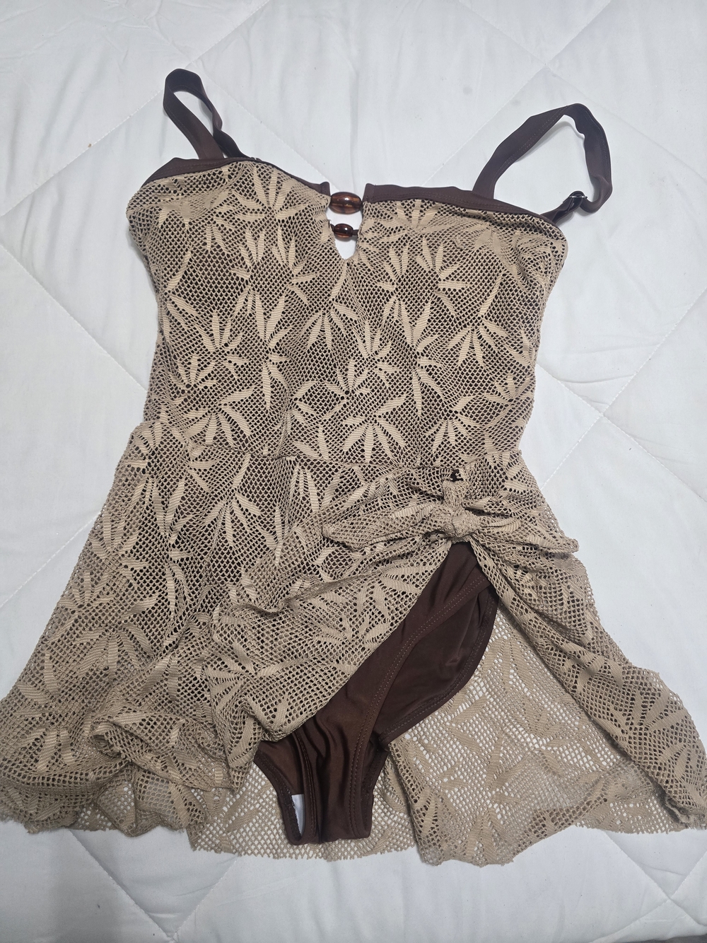 Women’s Beige Lace Swimdress with Brown Lining